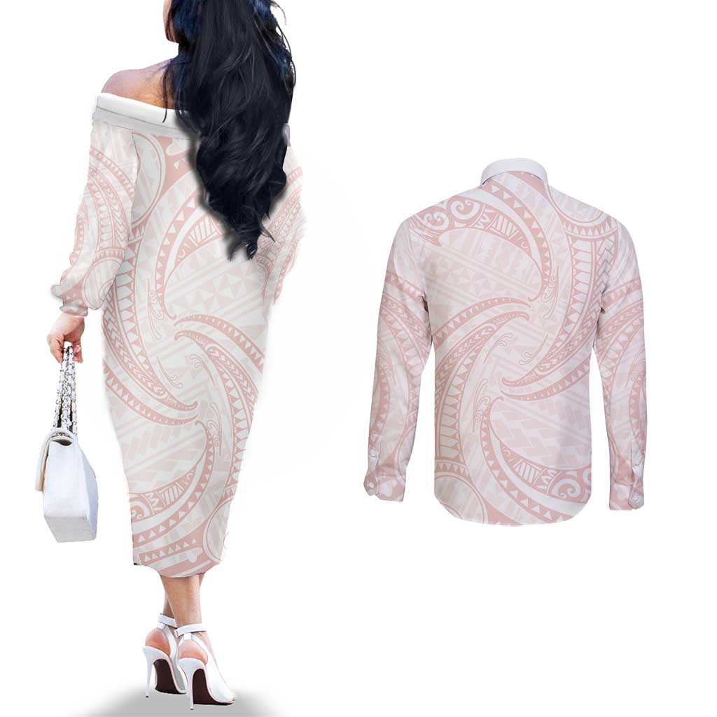 White Sunday Lotu Tamaiti Couples Matching Off The Shoulder Long Sleeve Dress and Long Sleeve Button Shirt Polynesian Wave Pastel Blush - Polynesian Pride