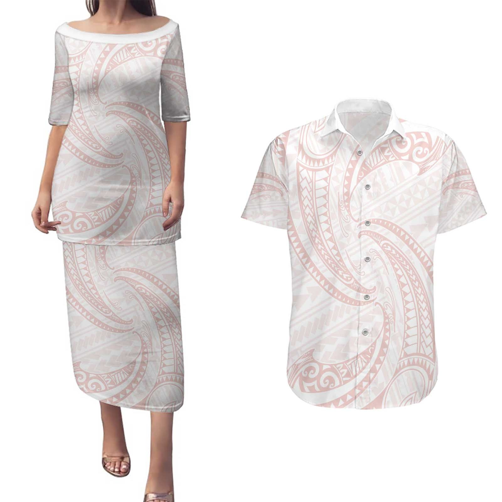 White Sunday Lotu Tamaiti Couples Matching Puletasi and Hawaiian Shirt Polynesian Wave Pastel Blush - Polynesian Pride