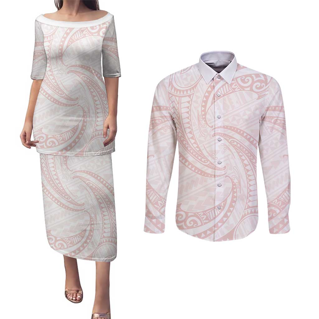 White Sunday Lotu Tamaiti Couples Matching Puletasi and Long Sleeve Button Shirt Polynesian Wave Pastel Blush - Polynesian Pride