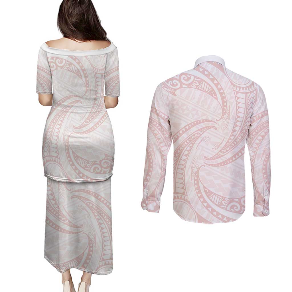 White Sunday Lotu Tamaiti Couples Matching Puletasi and Long Sleeve Button Shirt Polynesian Wave Pastel Blush - Polynesian Pride