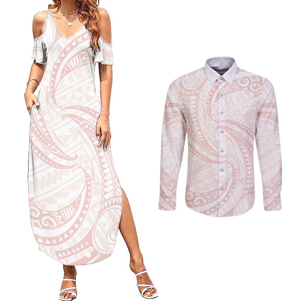 White Sunday Lotu Tamaiti Couples Matching Summer Maxi Dress and Long Sleeve Button Shirt Polynesian Wave Pastel Blush - Polynesian Pride