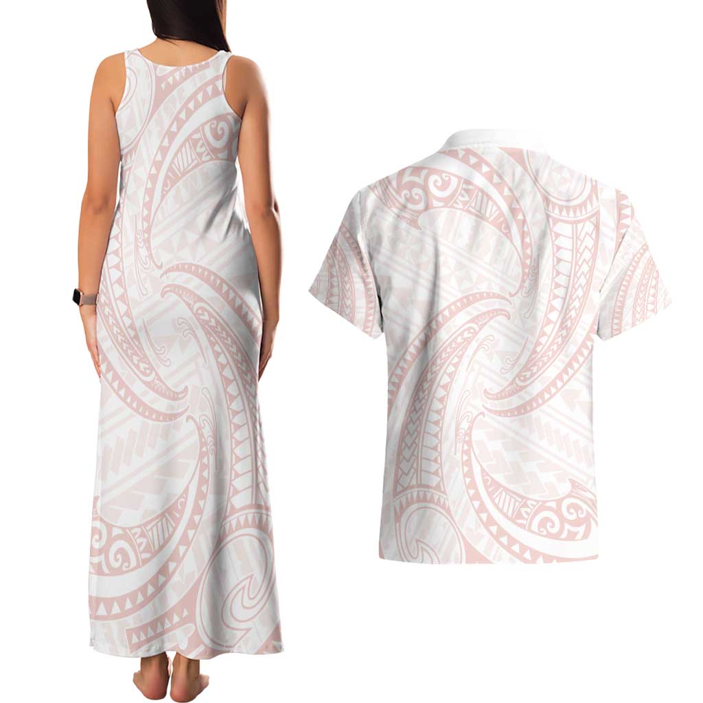 White Sunday Lotu Tamaiti Couples Matching Tank Maxi Dress and Hawaiian Shirt Polynesian Wave Pastel Blush - Polynesian Pride