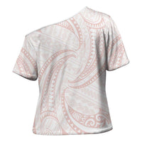 White Sunday Lotu Tamaiti Cross Shoulder Shirt Polynesian Wave Pastel Blush - Polynesian Pride