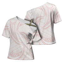 White Sunday Lotu Tamaiti Cross Shoulder Shirt Polynesian Wave Pastel Blush - Polynesian Pride