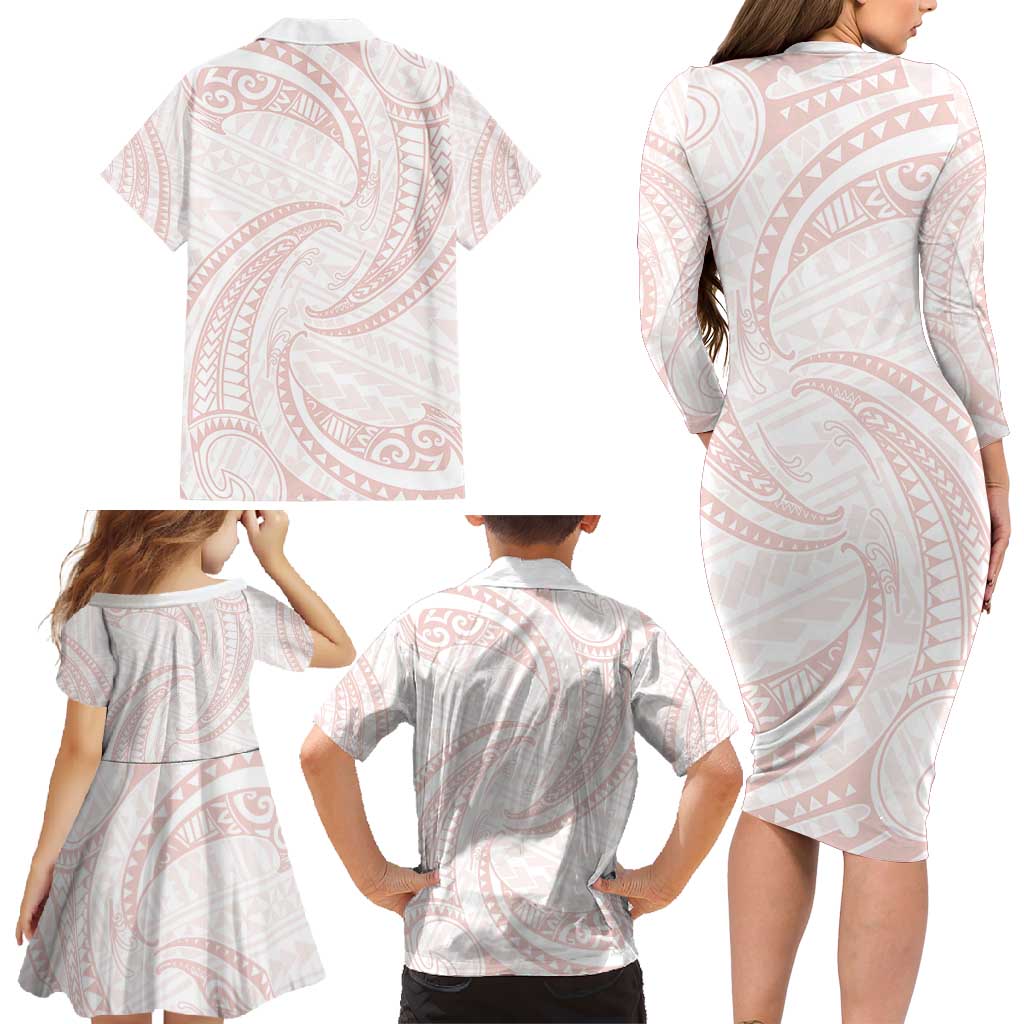 White Sunday Lotu Tamaiti Family Matching Long Sleeve Bodycon Dress and Hawaiian Shirt Polynesian Wave Pastel Blush - Polynesian Pride