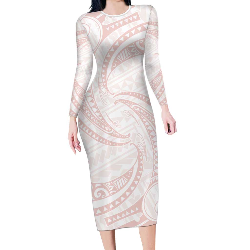 White Sunday Lotu Tamaiti Family Matching Long Sleeve Bodycon Dress and Hawaiian Shirt Polynesian Wave Pastel Blush - Polynesian Pride