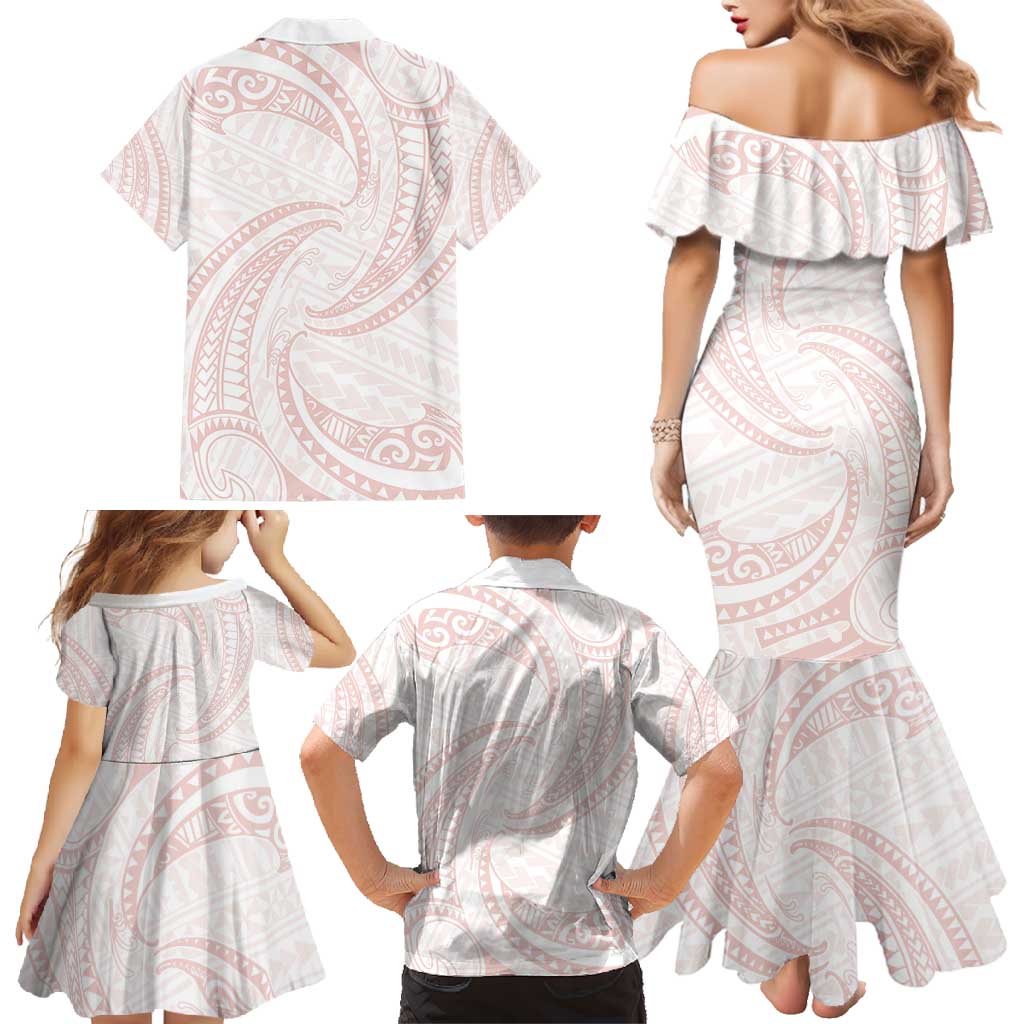 White Sunday Lotu Tamaiti Family Matching Mermaid Dress and Hawaiian Shirt Polynesian Wave Pastel Blush - Polynesian Pride