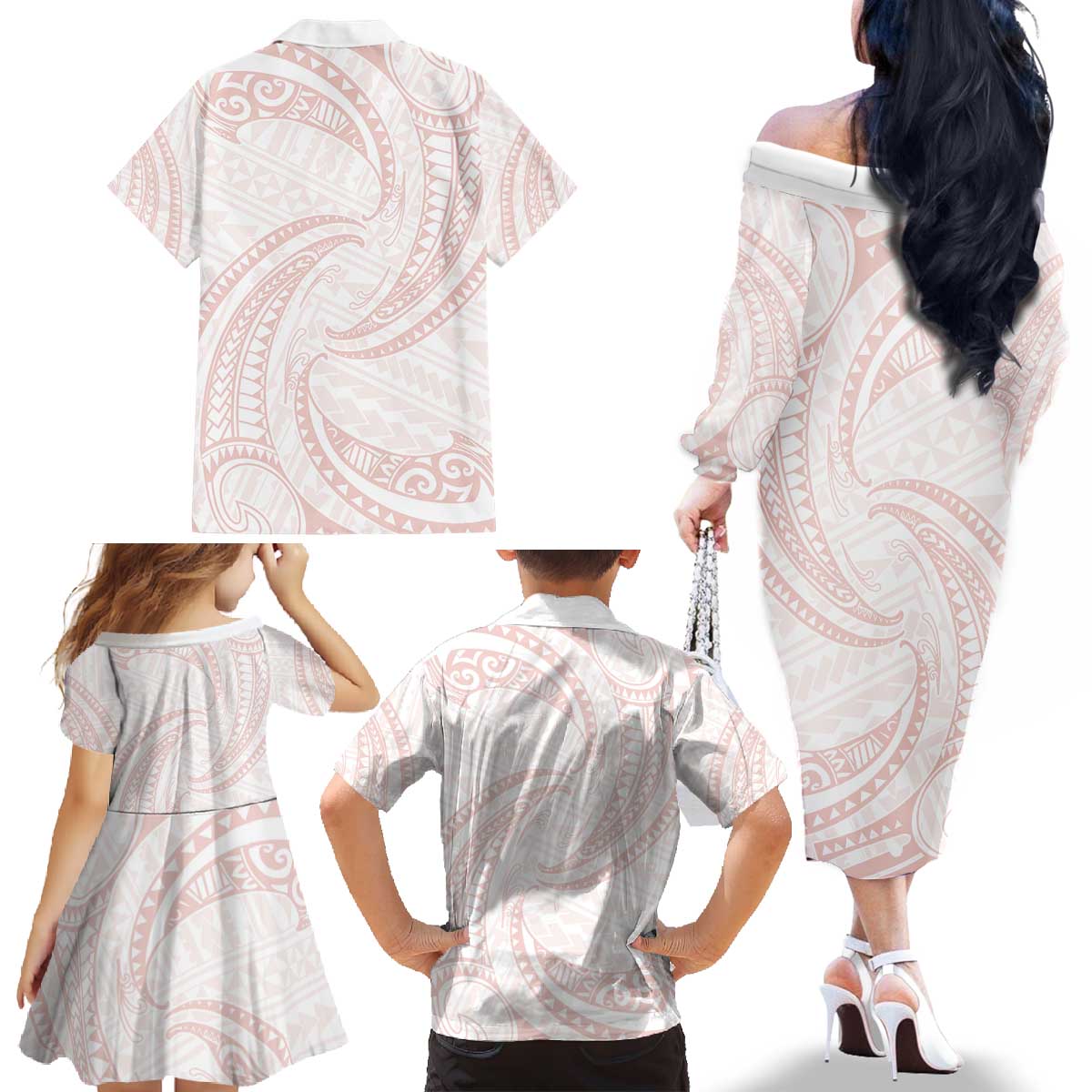 White Sunday Lotu Tamaiti Family Matching Off The Shoulder Long Sleeve Dress and Hawaiian Shirt Polynesian Wave Pastel Blush - Polynesian Pride