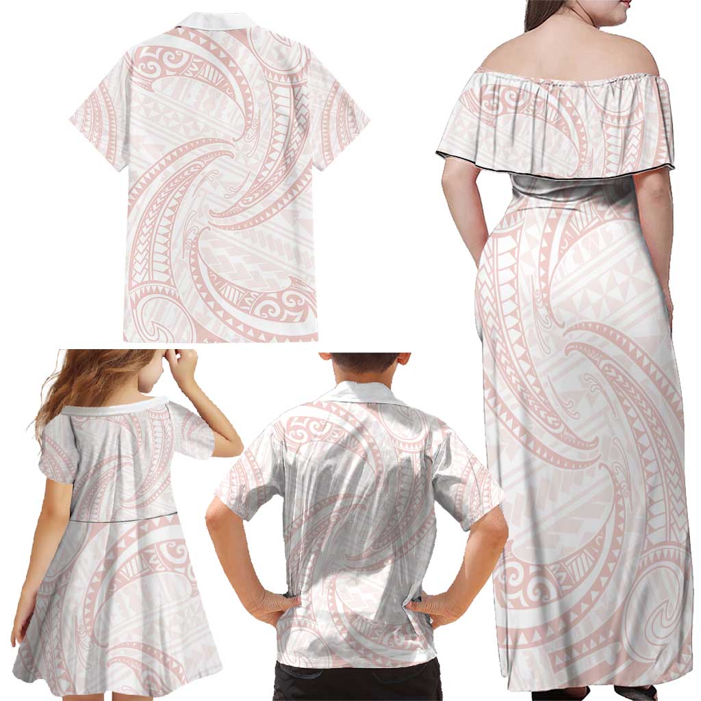 White Sunday Lotu Tamaiti Family Matching Off Shoulder Maxi Dress and Hawaiian Shirt Polynesian Wave Pastel Blush - Polynesian Pride