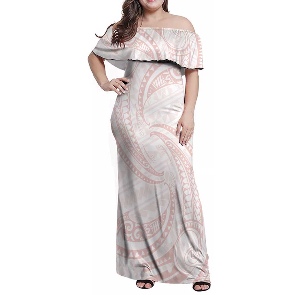 White Sunday Lotu Tamaiti Family Matching Off Shoulder Maxi Dress and Hawaiian Shirt Polynesian Wave Pastel Blush - Polynesian Pride
