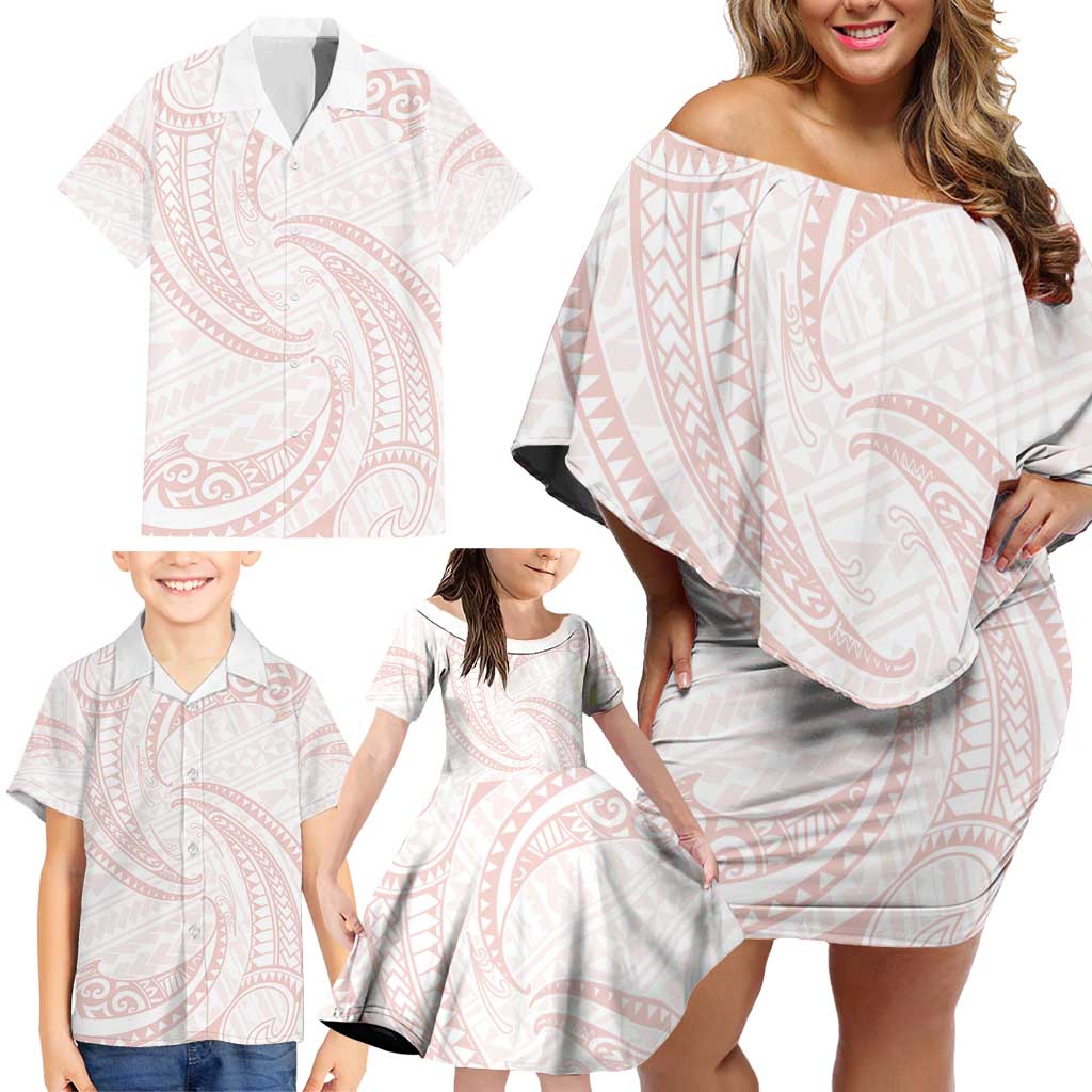 White Sunday Lotu Tamaiti Family Matching Off Shoulder Short Dress and Hawaiian Shirt Polynesian Wave Pastel Blush - Polynesian Pride