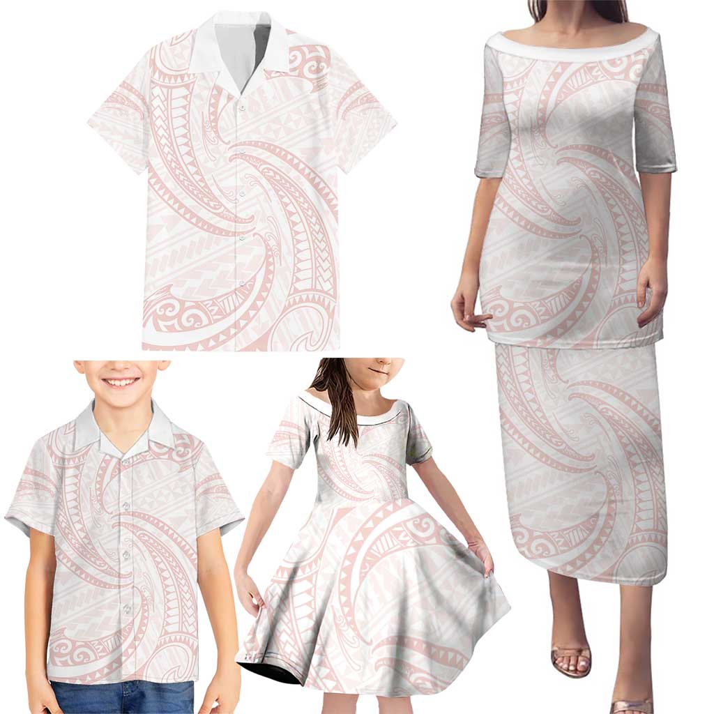 White Sunday Lotu Tamaiti Family Matching Puletasi and Hawaiian Shirt Polynesian Wave Pastel Blush - Polynesian Pride