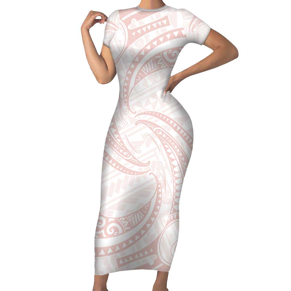 White Sunday Lotu Tamaiti Family Matching Short Sleeve Bodycon Dress and Hawaiian Shirt Polynesian Wave Pastel Blush - Polynesian Pride