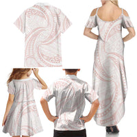 White Sunday Lotu Tamaiti Family Matching Summer Maxi Dress and Hawaiian Shirt Polynesian Wave Pastel Blush - Polynesian Pride