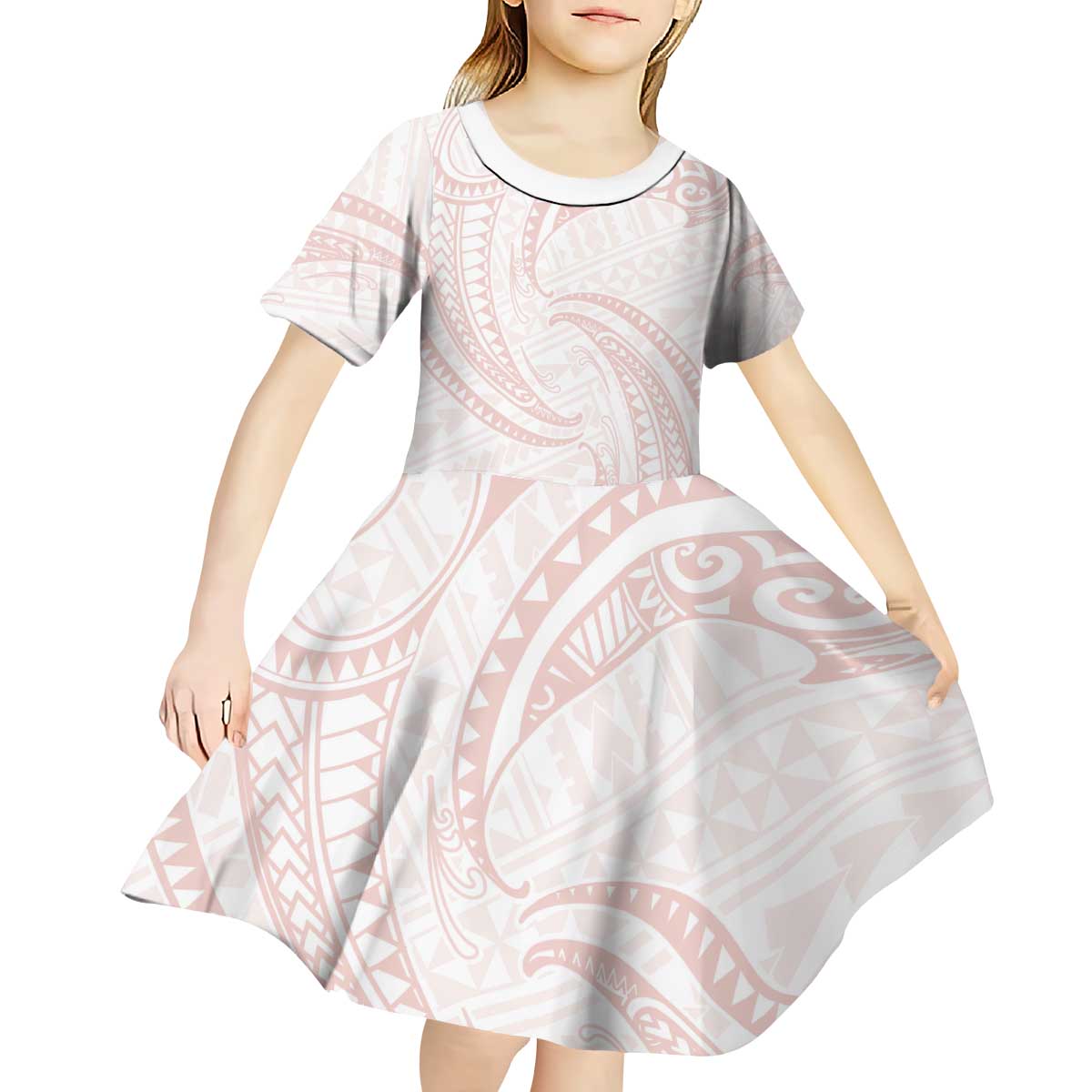White Sunday Lotu Tamaiti Kid Short Sleeve Dress Polynesian Wave Pastel Blush - Polynesian Pride