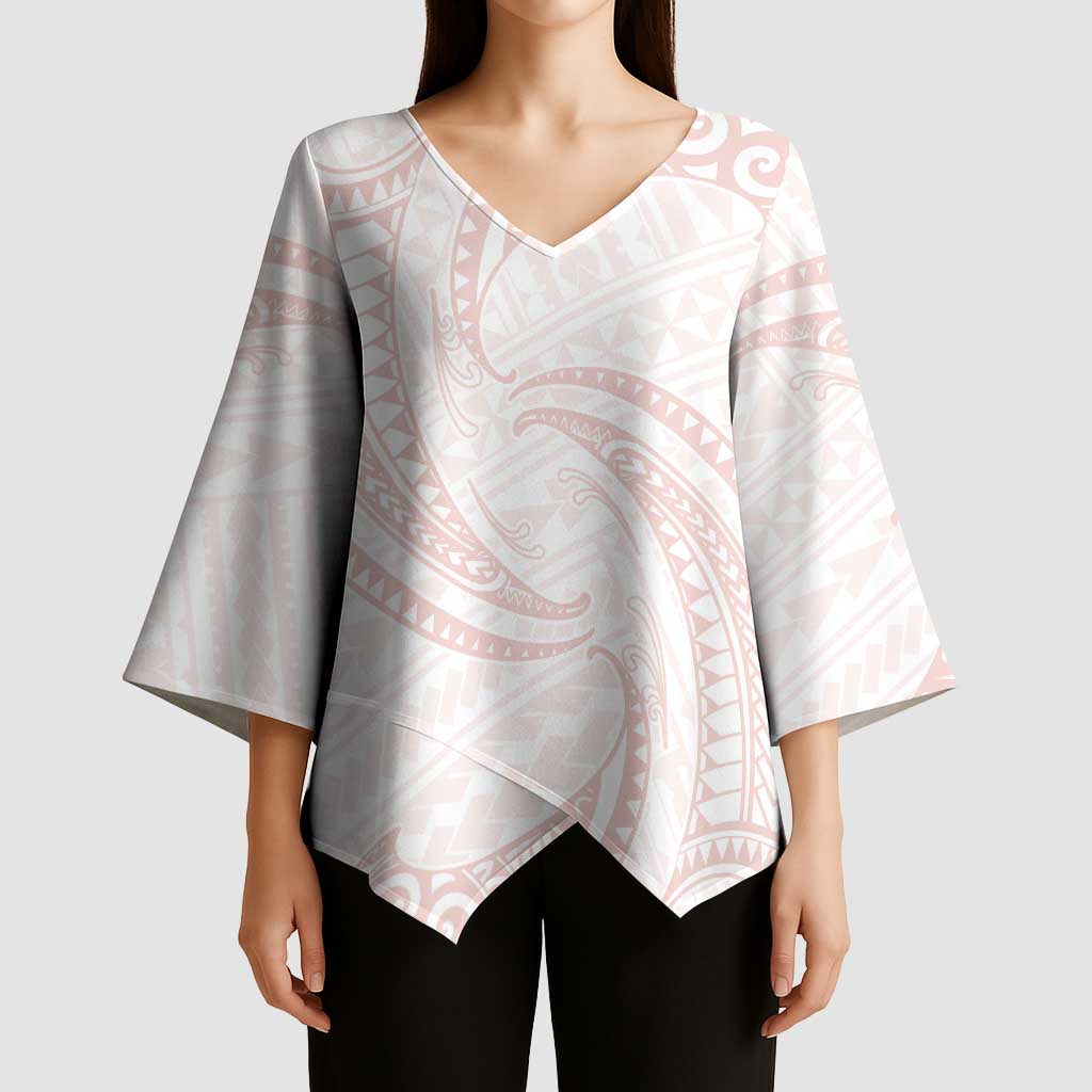 White Sunday Lotu Tamaiti Kimono Sleeve Blouse Polynesian Wave Pastel Blush - Polynesian Pride