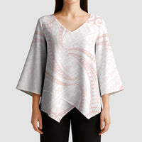 White Sunday Lotu Tamaiti Kimono Sleeve Blouse Polynesian Wave Pastel Blush - Polynesian Pride