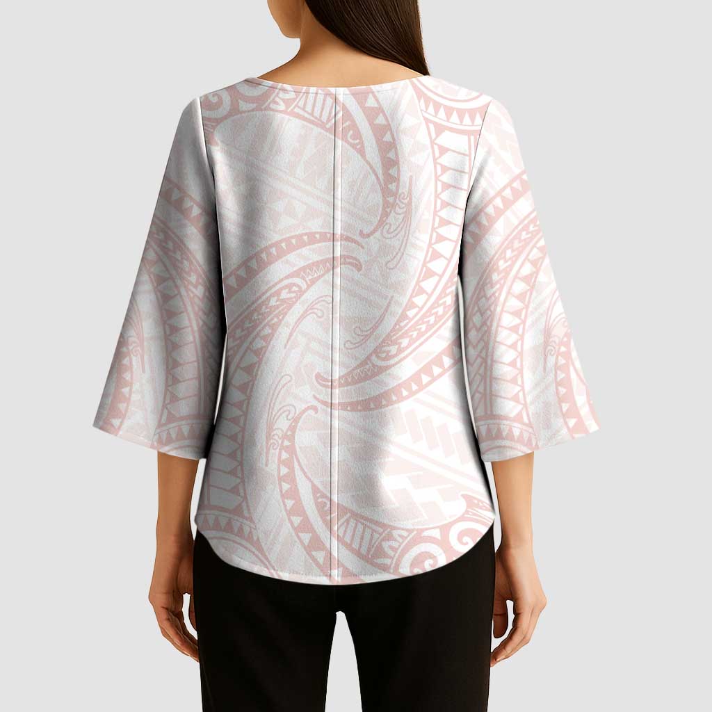 White Sunday Lotu Tamaiti Kimono Sleeve Blouse Polynesian Wave Pastel Blush - Polynesian Pride