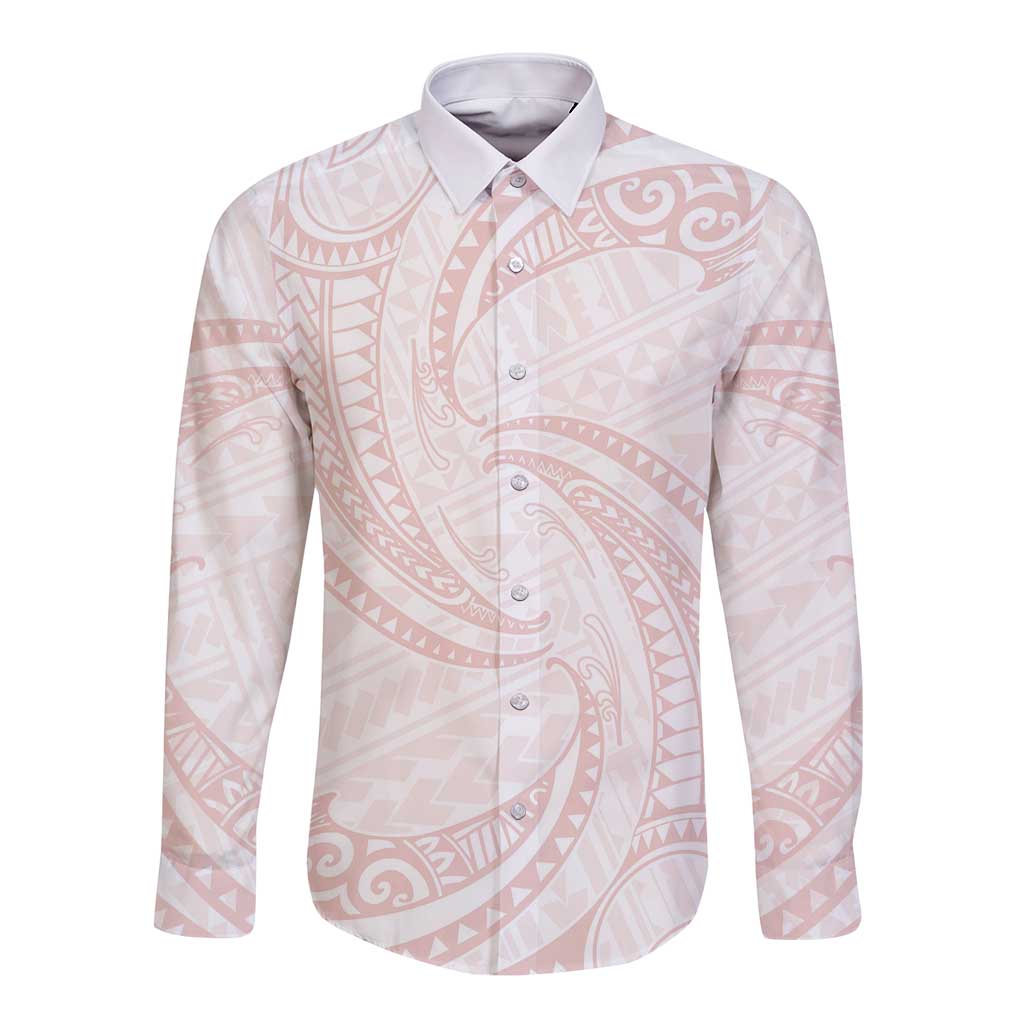 White Sunday Lotu Tamaiti Long Sleeve Button Shirt Polynesian Wave Pastel Blush - Polynesian Pride