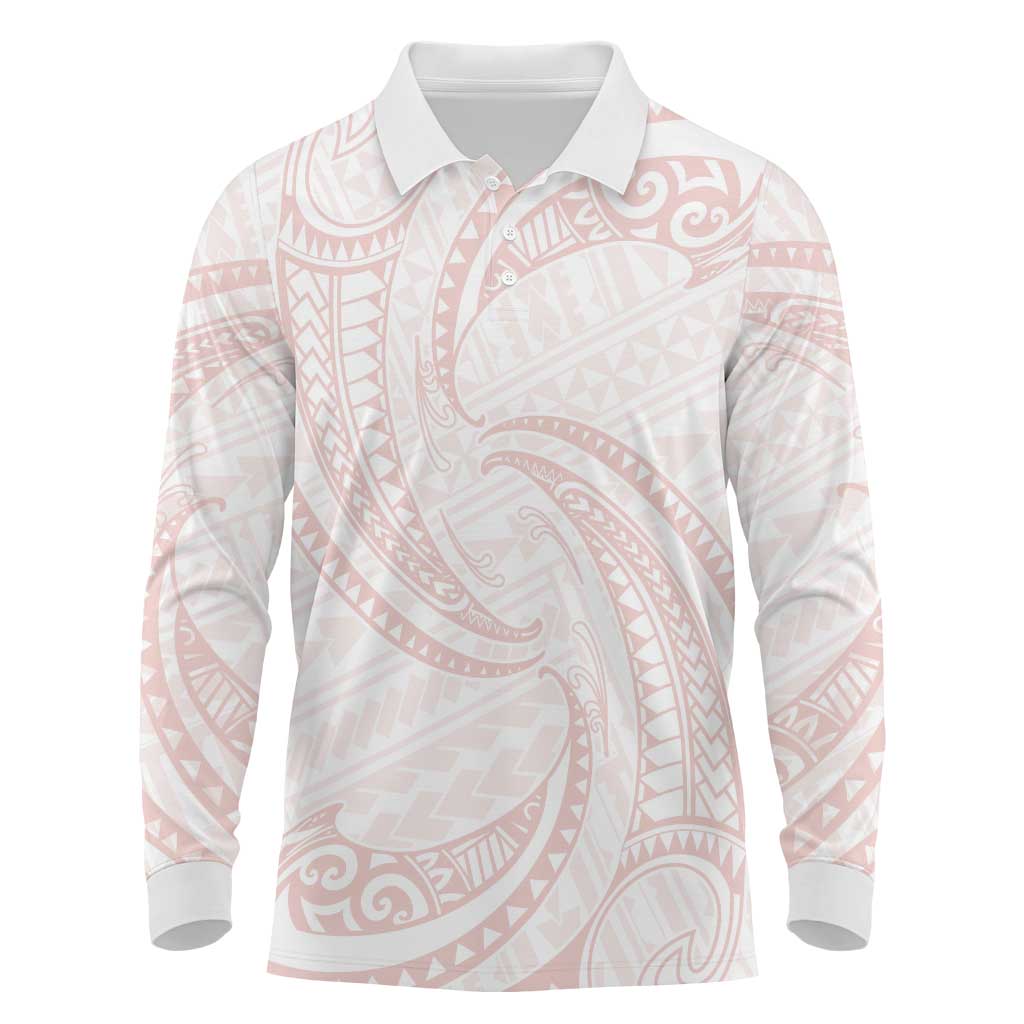 White Sunday Lotu Tamaiti Long Sleeve Polo Shirt Polynesian Wave Pastel Blush - Polynesian Pride