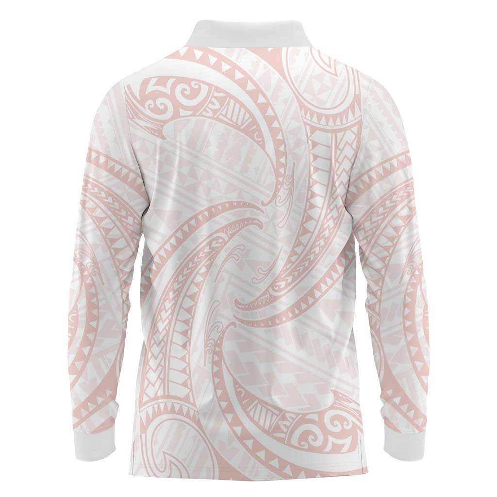 White Sunday Lotu Tamaiti Long Sleeve Polo Shirt Polynesian Wave Pastel Blush - Polynesian Pride