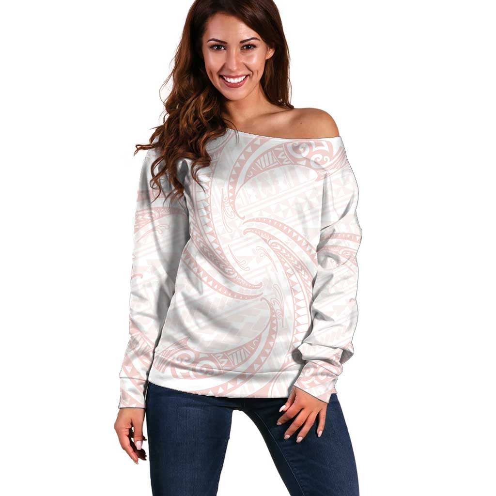 White Sunday Lotu Tamaiti Off Shoulder Sweater Polynesian Wave Pastel Blush - Polynesian Pride