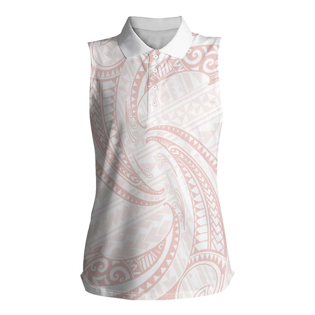 White Sunday Lotu Tamaiti Women Sleeveless Polo Shirt Polynesian Wave Pastel Blush - Polynesian Pride
