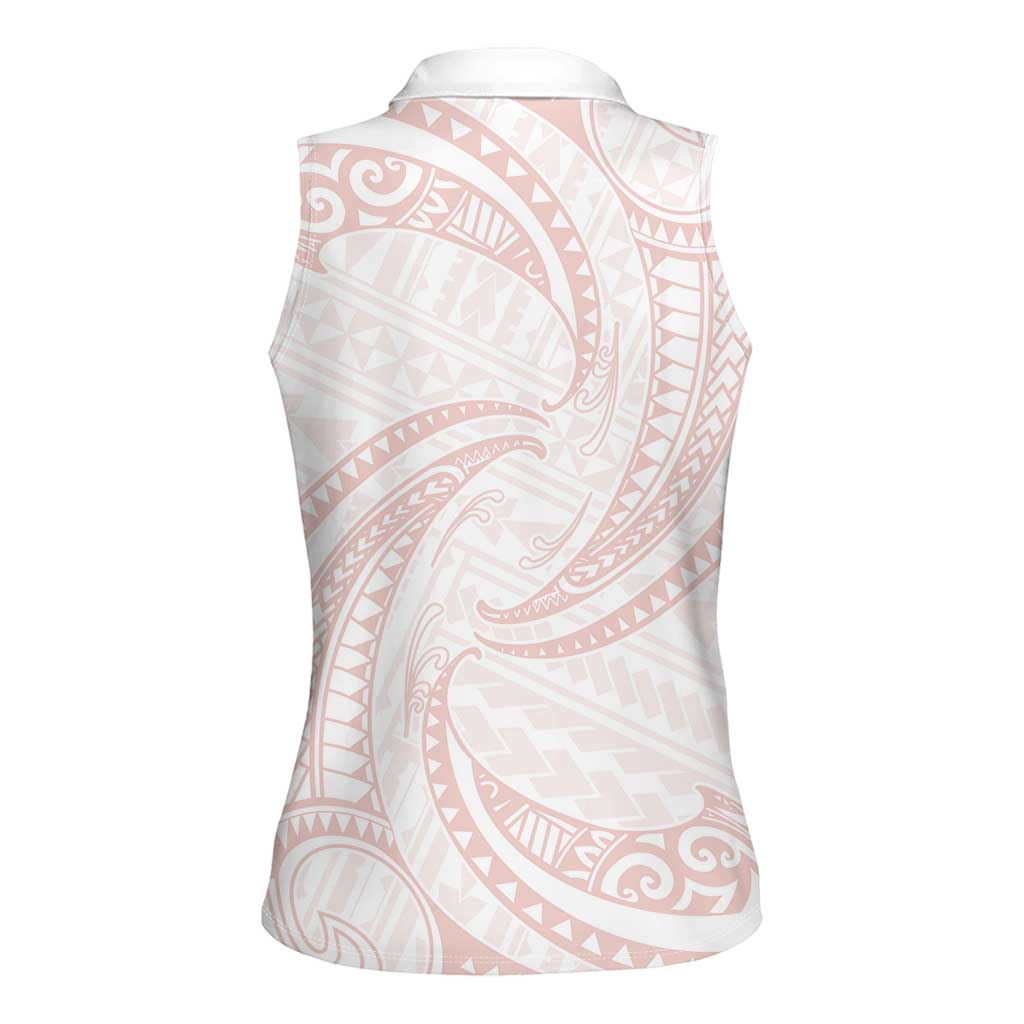 White Sunday Lotu Tamaiti Women Sleeveless Polo Shirt Polynesian Wave Pastel Blush - Polynesian Pride