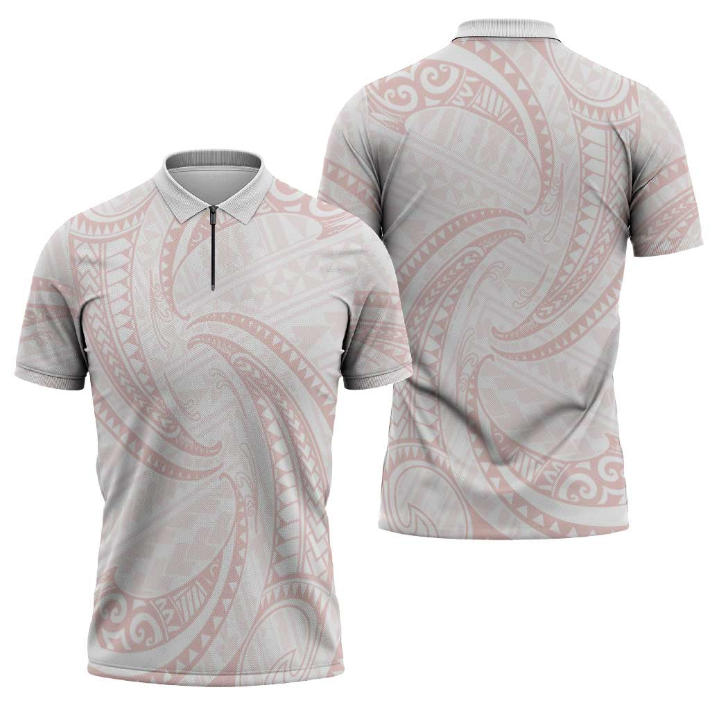 White Sunday Lotu Tamaiti Zipper Polo Shirt Polynesian Wave Pastel Blush - Polynesian Pride