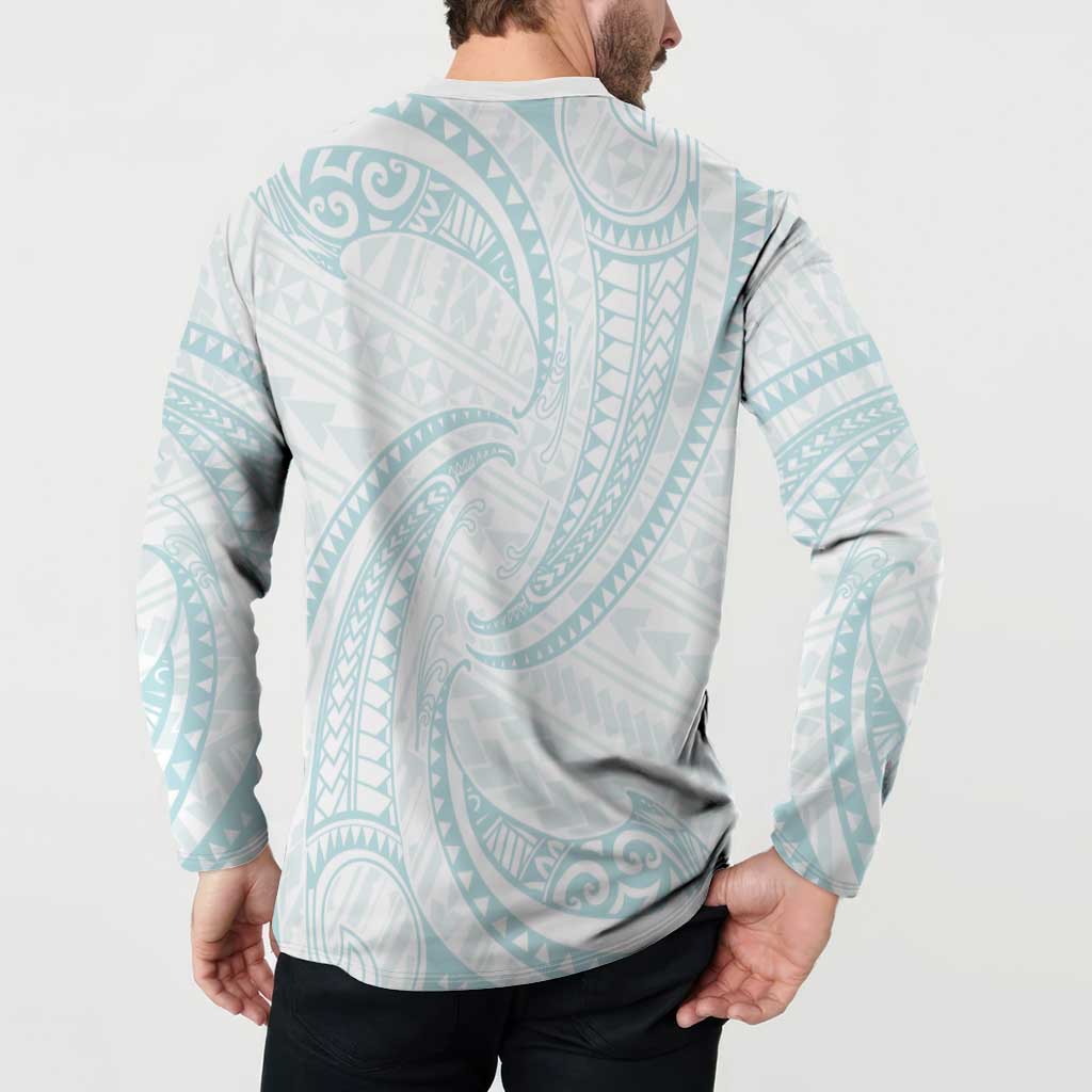 White Sunday Lotu Tamaiti Button Sweatshirt Polynesian Wave Pastel Cyan - Polynesian Pride