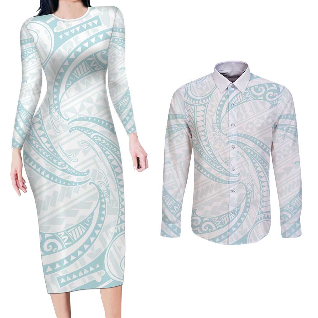 White Sunday Lotu Tamaiti Couples Matching Long Sleeve Bodycon Dress and Long Sleeve Button Shirt Polynesian Wave Pastel Cyan - Polynesian Pride
