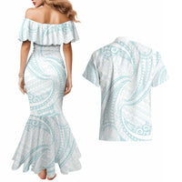 White Sunday Lotu Tamaiti Couples Matching Mermaid Dress and Hawaiian Shirt Polynesian Wave Pastel Cyan - Polynesian Pride