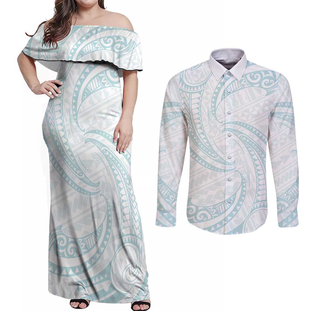 White Sunday Lotu Tamaiti Couples Matching Off Shoulder Maxi Dress and Long Sleeve Button Shirt Polynesian Wave Pastel Cyan - Polynesian Pride