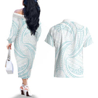 White Sunday Lotu Tamaiti Couples Matching Off The Shoulder Long Sleeve Dress and Hawaiian Shirt Polynesian Wave Pastel Cyan - Polynesian Pride