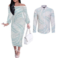 White Sunday Lotu Tamaiti Couples Matching Off The Shoulder Long Sleeve Dress and Long Sleeve Button Shirt Polynesian Wave Pastel Cyan - Polynesian Pride