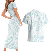 White Sunday Lotu Tamaiti Couples Matching Short Sleeve Bodycon Dress and Hawaiian Shirt Polynesian Wave Pastel Cyan - Polynesian Pride