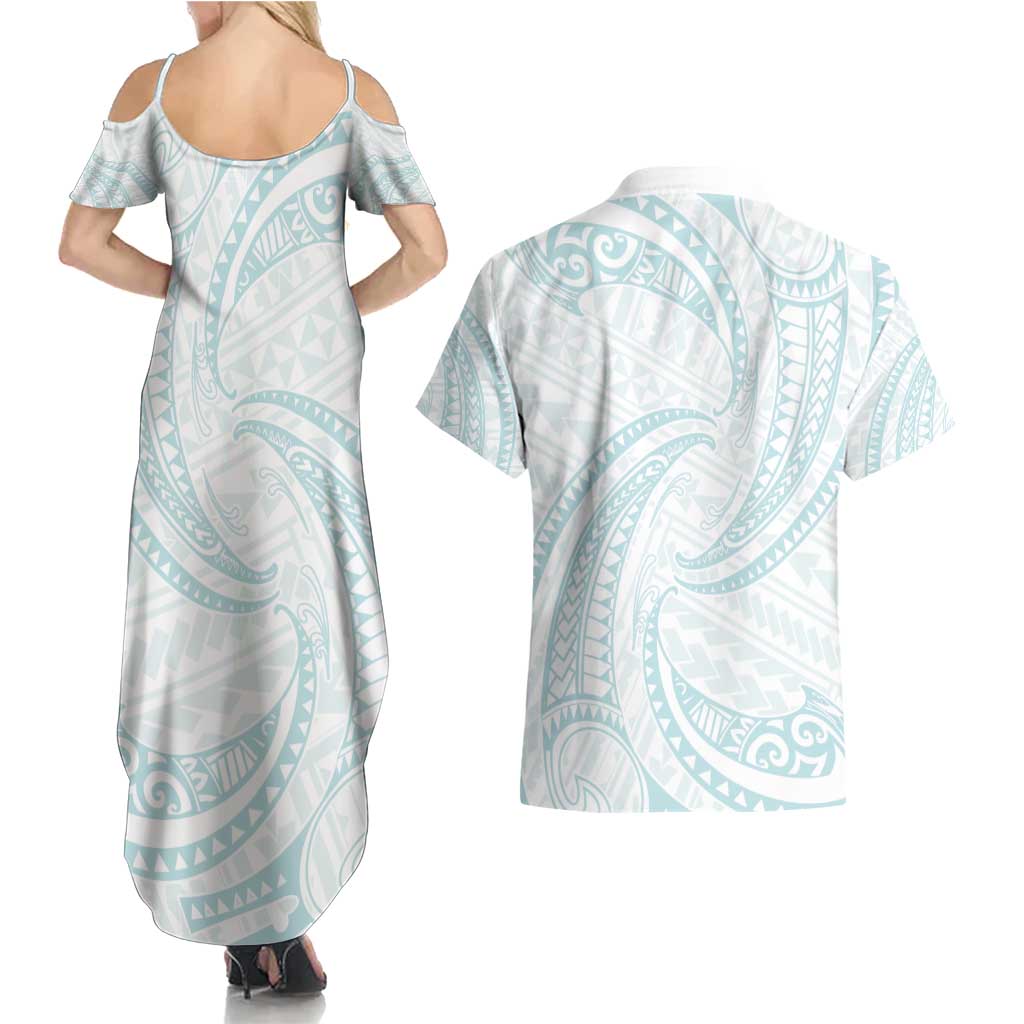 White Sunday Lotu Tamaiti Couples Matching Summer Maxi Dress and Hawaiian Shirt Polynesian Wave Pastel Cyan - Polynesian Pride