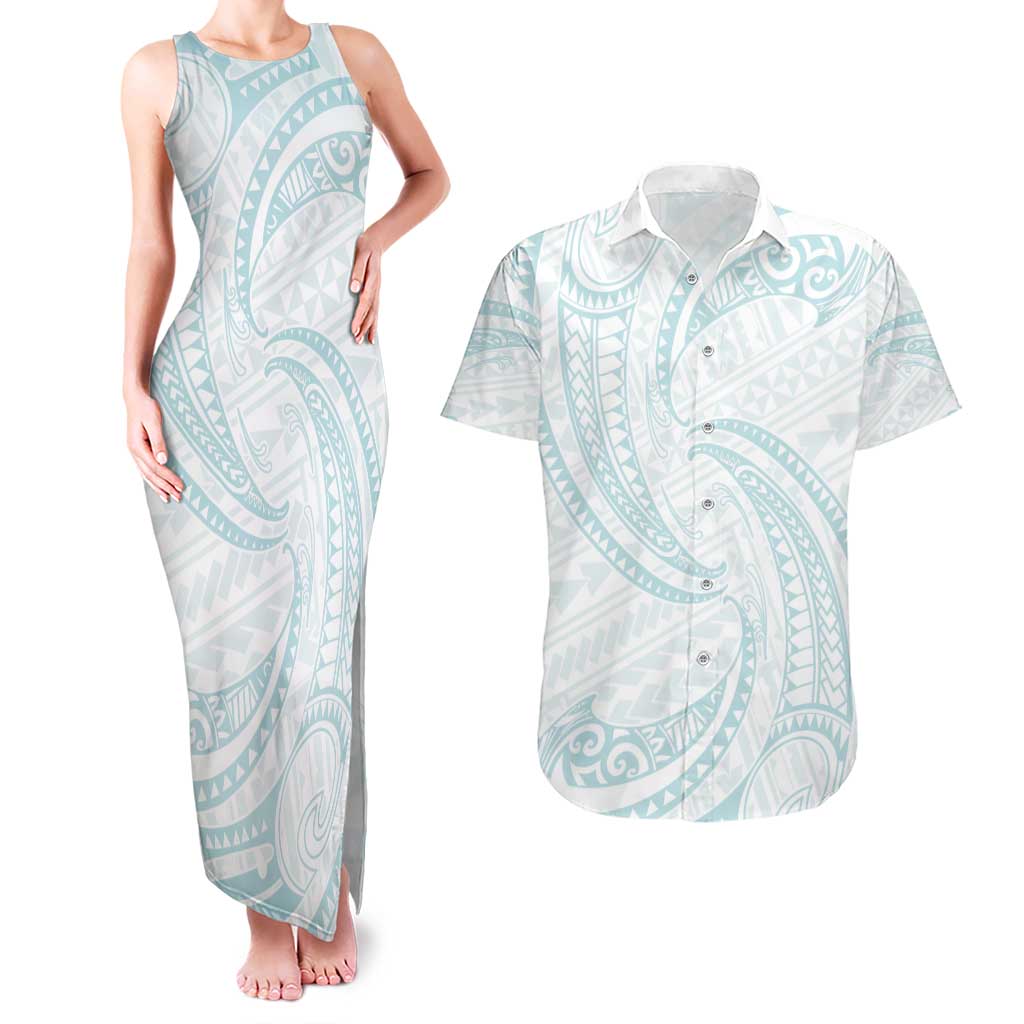 White Sunday Lotu Tamaiti Couples Matching Tank Maxi Dress and Hawaiian Shirt Polynesian Wave Pastel Cyan - Polynesian Pride
