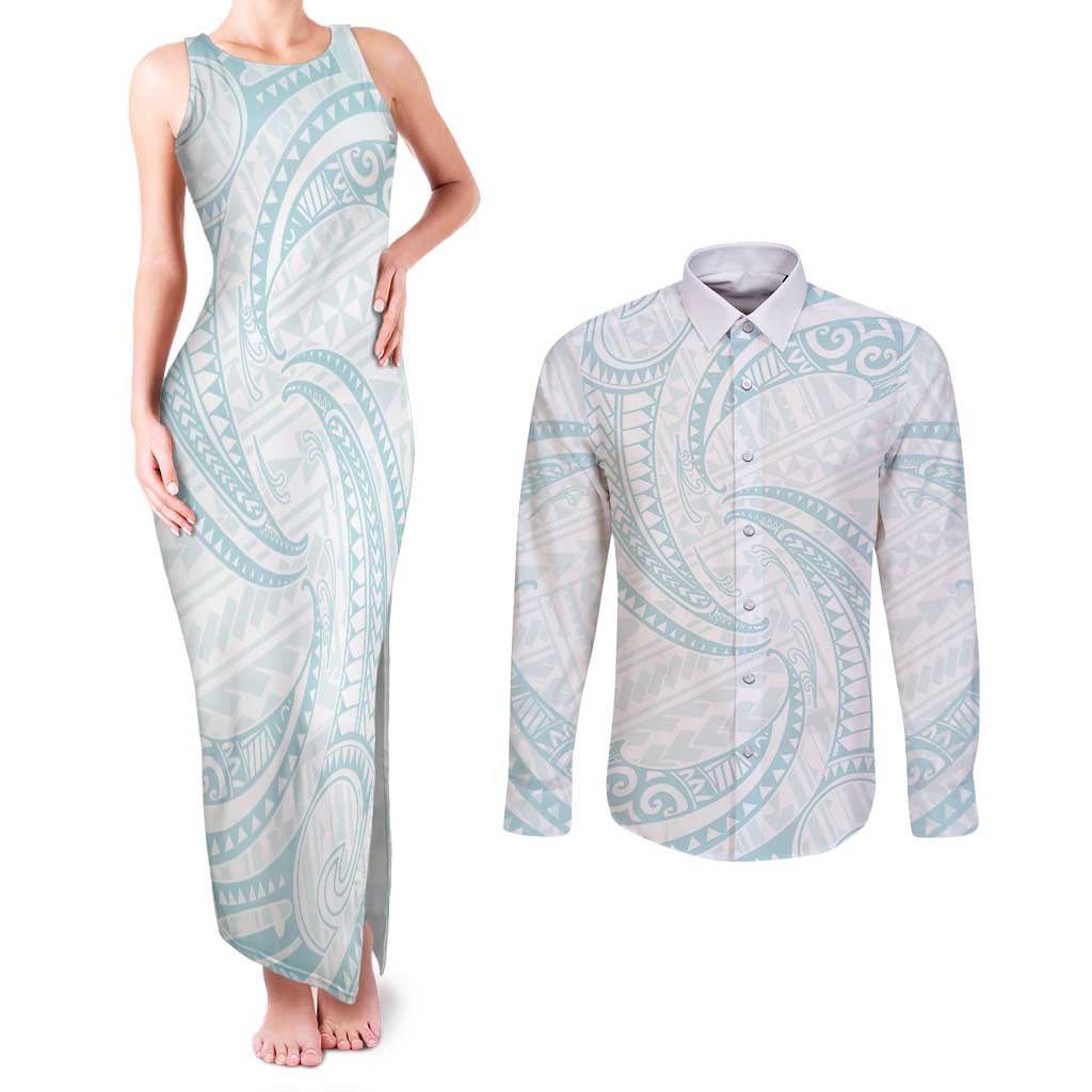 White Sunday Lotu Tamaiti Couples Matching Tank Maxi Dress and Long Sleeve Button Shirt Polynesian Wave Pastel Cyan - Polynesian Pride