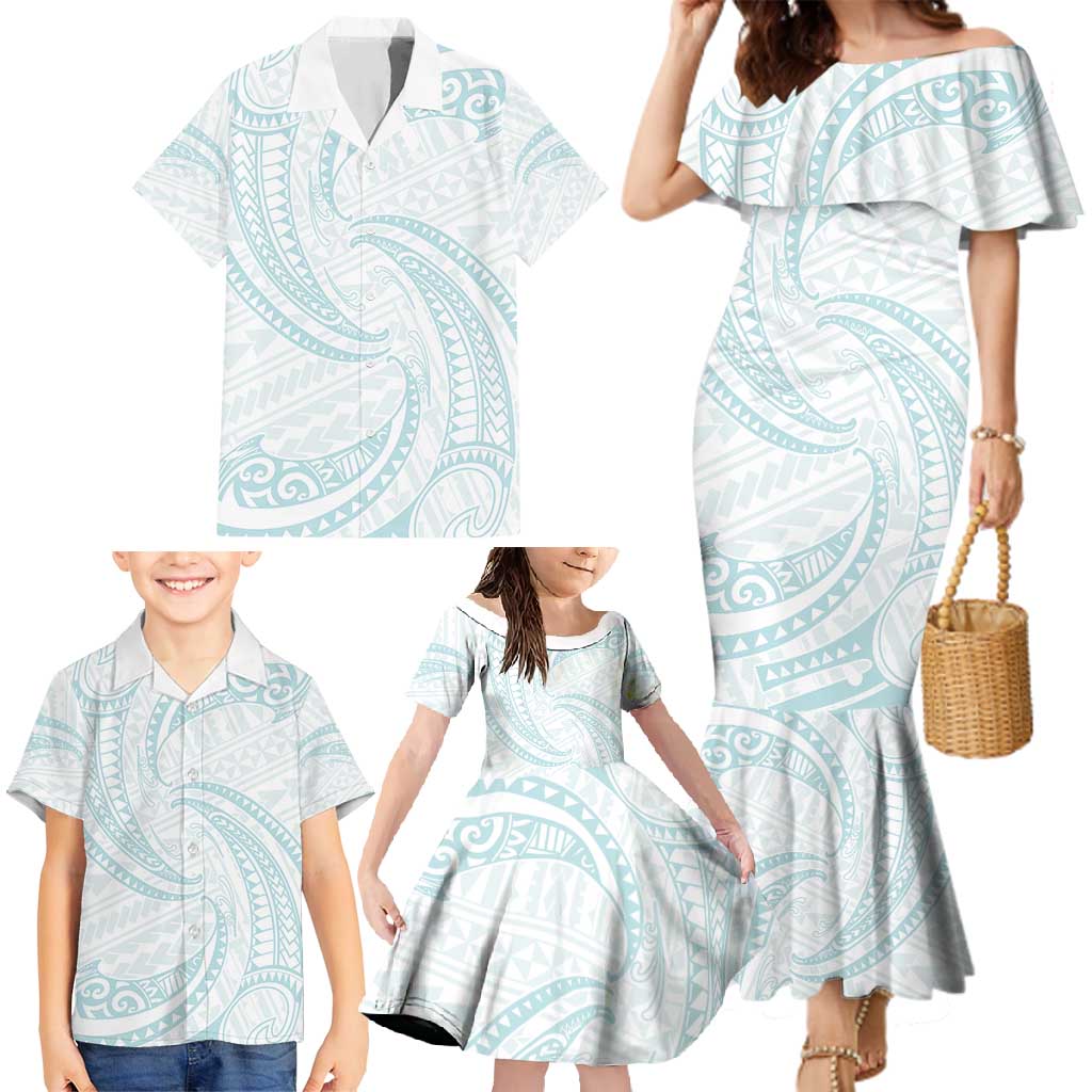 White Sunday Lotu Tamaiti Family Matching Mermaid Dress and Hawaiian Shirt Polynesian Wave Pastel Cyan - Polynesian Pride