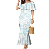 White Sunday Lotu Tamaiti Family Matching Mermaid Dress and Hawaiian Shirt Polynesian Wave Pastel Cyan - Polynesian Pride