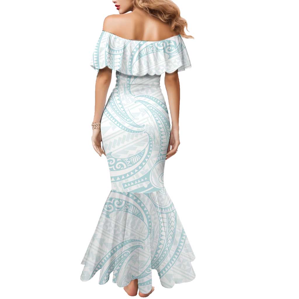 White Sunday Lotu Tamaiti Family Matching Mermaid Dress and Hawaiian Shirt Polynesian Wave Pastel Cyan - Polynesian Pride