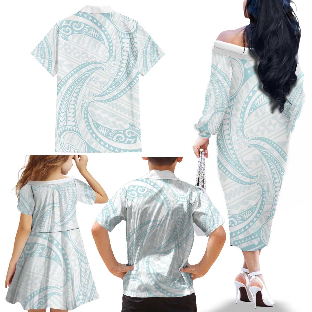 White Sunday Lotu Tamaiti Family Matching Off The Shoulder Long Sleeve Dress and Hawaiian Shirt Polynesian Wave Pastel Cyan - Polynesian Pride