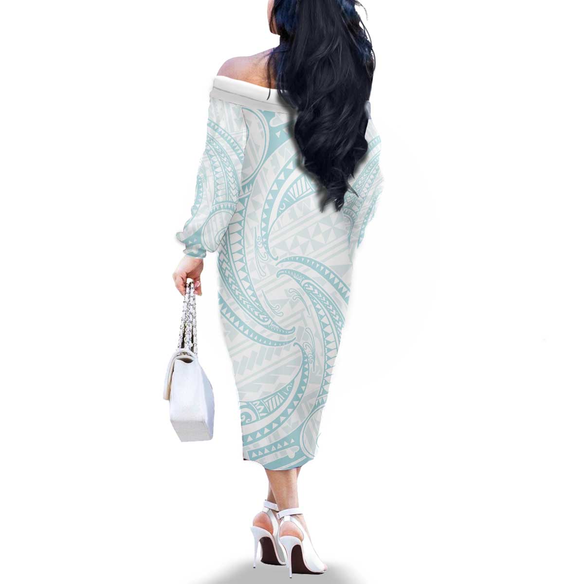 White Sunday Lotu Tamaiti Family Matching Off The Shoulder Long Sleeve Dress and Hawaiian Shirt Polynesian Wave Pastel Cyan - Polynesian Pride