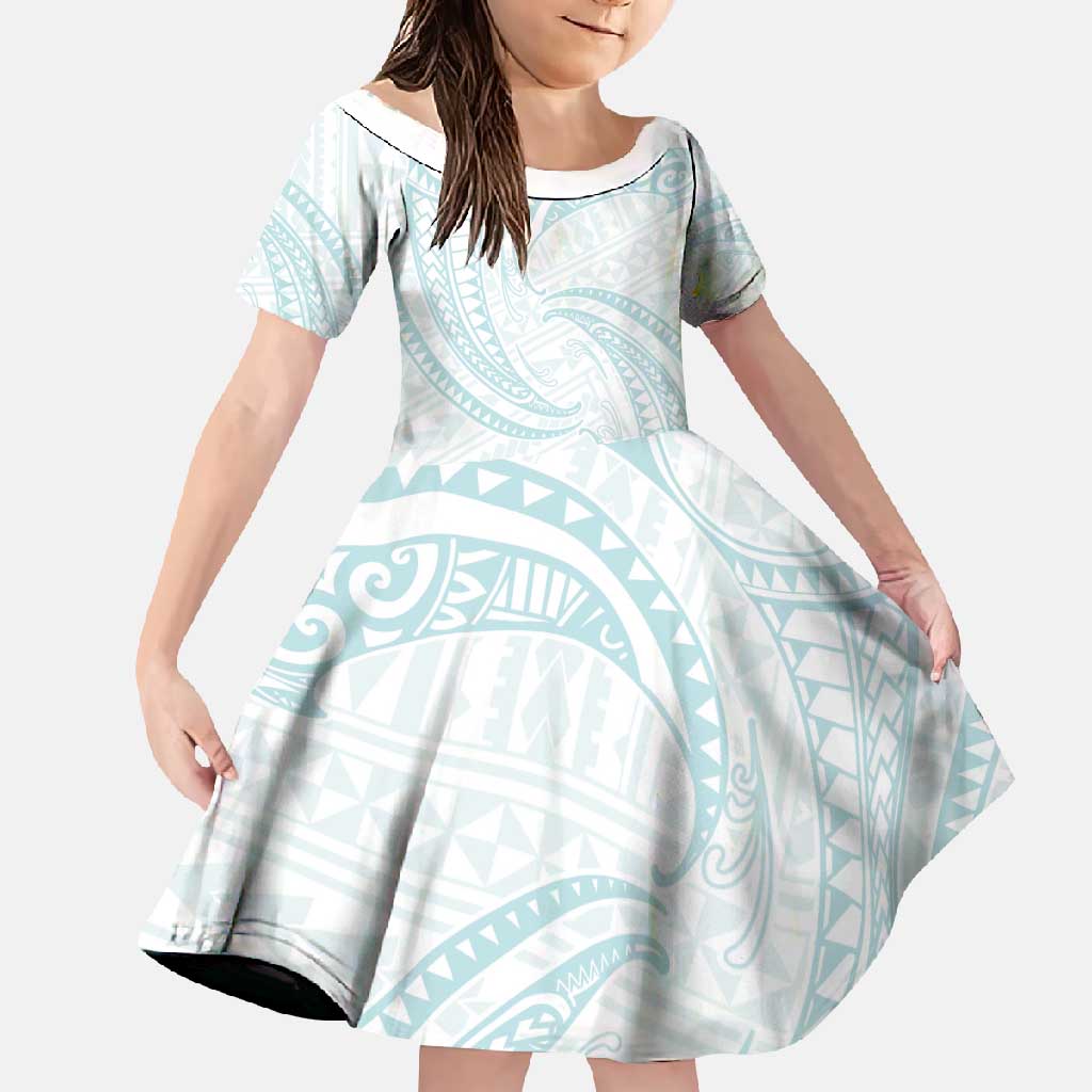 White Sunday Lotu Tamaiti Family Matching Off Shoulder Maxi Dress and Hawaiian Shirt Polynesian Wave Pastel Cyan - Polynesian Pride