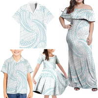 White Sunday Lotu Tamaiti Family Matching Off Shoulder Maxi Dress and Hawaiian Shirt Polynesian Wave Pastel Cyan - Polynesian Pride