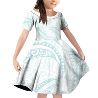White Sunday Lotu Tamaiti Family Matching Off Shoulder Short Dress and Hawaiian Shirt Polynesian Wave Pastel Cyan - Polynesian Pride