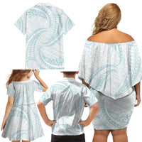 White Sunday Lotu Tamaiti Family Matching Off Shoulder Short Dress and Hawaiian Shirt Polynesian Wave Pastel Cyan - Polynesian Pride