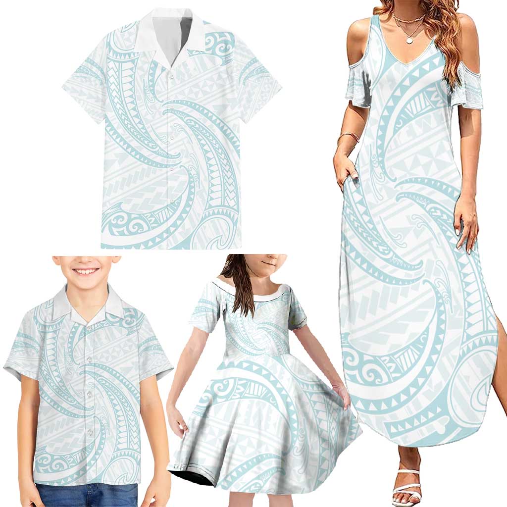 White Sunday Lotu Tamaiti Family Matching Summer Maxi Dress and Hawaiian Shirt Polynesian Wave Pastel Cyan - Polynesian Pride
