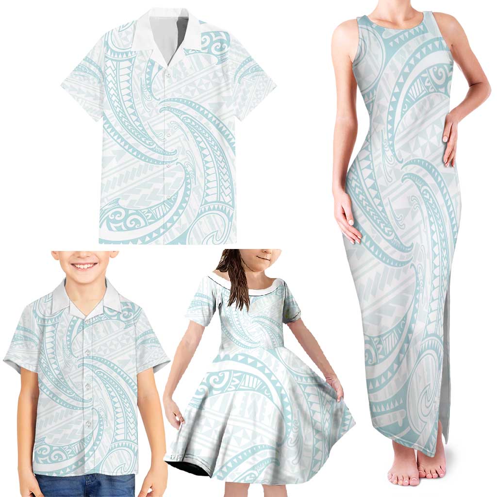 White Sunday Lotu Tamaiti Family Matching Tank Maxi Dress and Hawaiian Shirt Polynesian Wave Pastel Cyan - Polynesian Pride